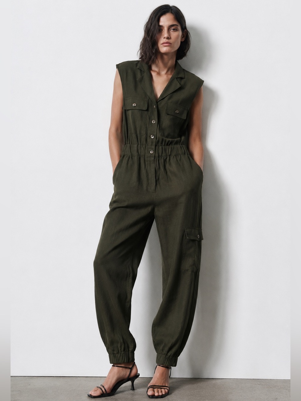 NWT Zara  dark khaki green linen blend utility jogger jumpsuit M